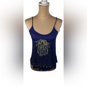 Free People Womens Coquette Summer Boho‎ Owl Beaded Sequin Cami Top Size S Blue